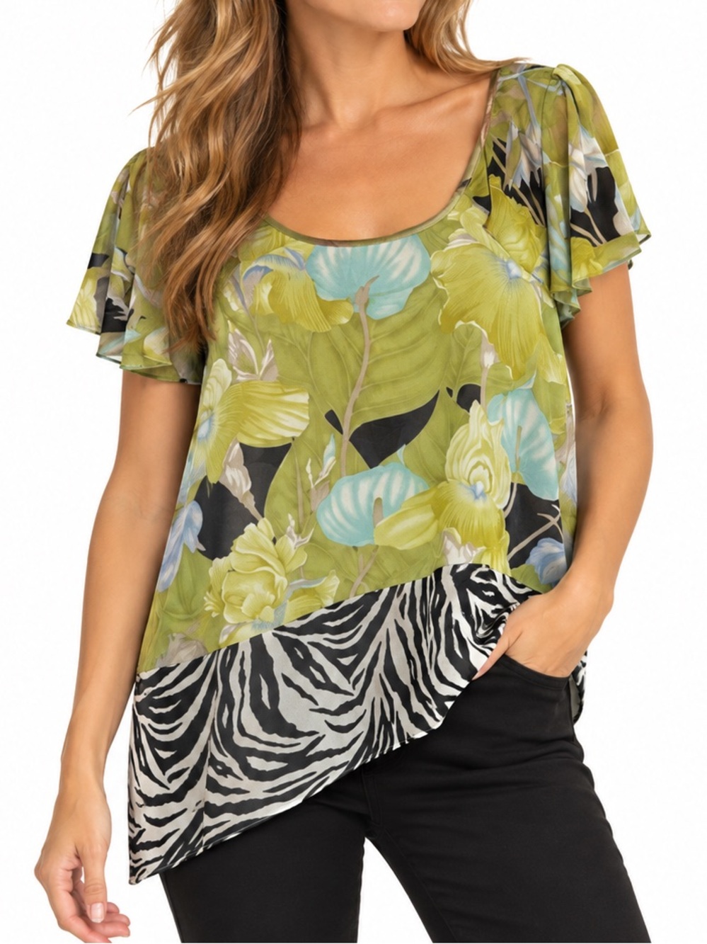 Soft Surroundings 1X Floral Zebra  Flutter Cold Shoulder Silk Blouse